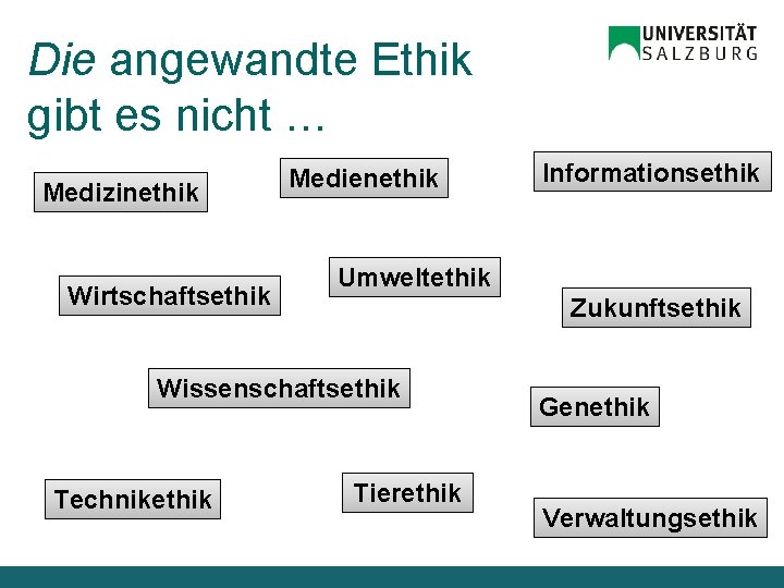 Bereiche Die angewandte Ethik gibt es nicht … Medizinethik Wirtschaftsethik Medienethik Umweltethik Zukunftsethik Wissenschaftsethik