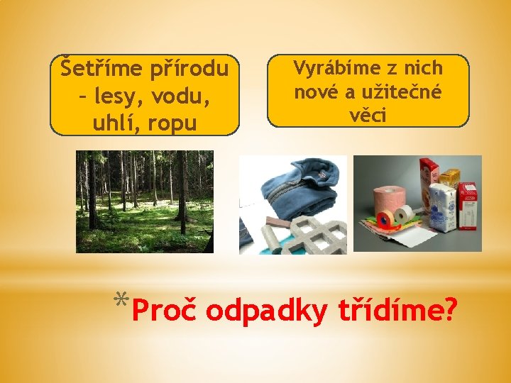 Šetříme přírodu – lesy, vodu, uhlí, ropu Vyrábíme z nich nové a užitečné věci