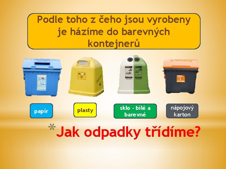 Podle toho z čeho jsou vyrobeny je házíme do barevných kontejnerů papír plasty sklo