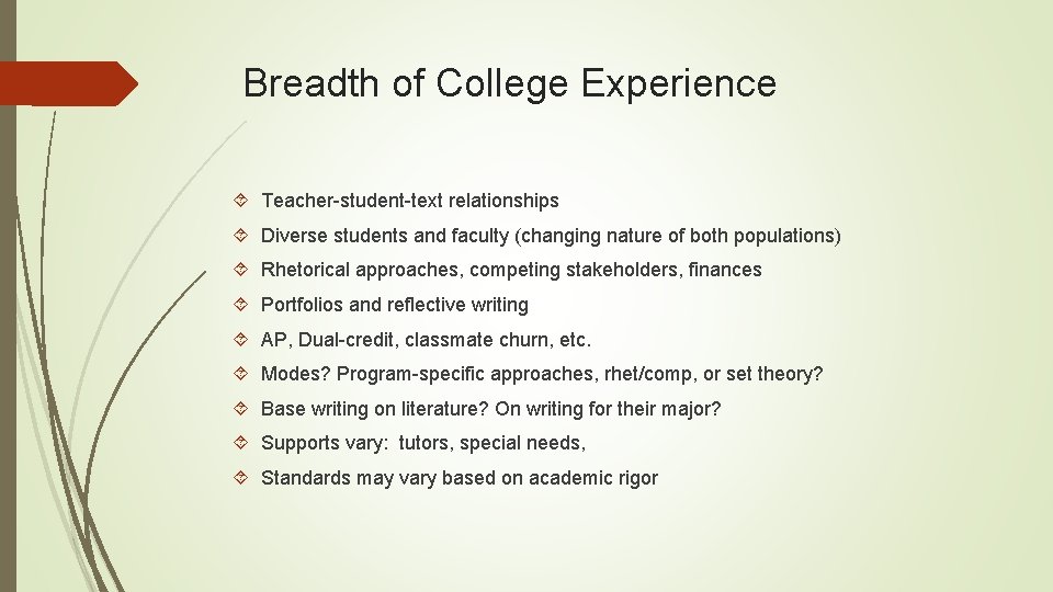 Breadth of College Experience Teacher-student-text relationships Diverse students and faculty (changing nature of both