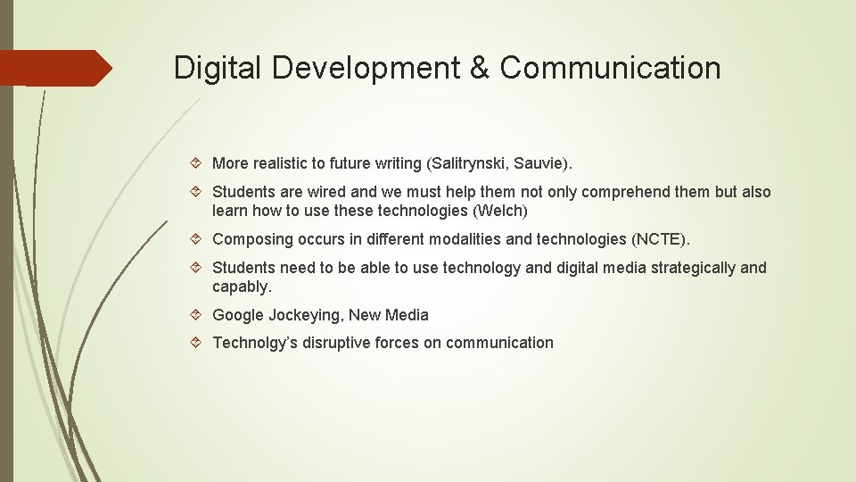 Digital Development & Communication More realistic to future writing (Salitrynski, Sauvie). Students are wired