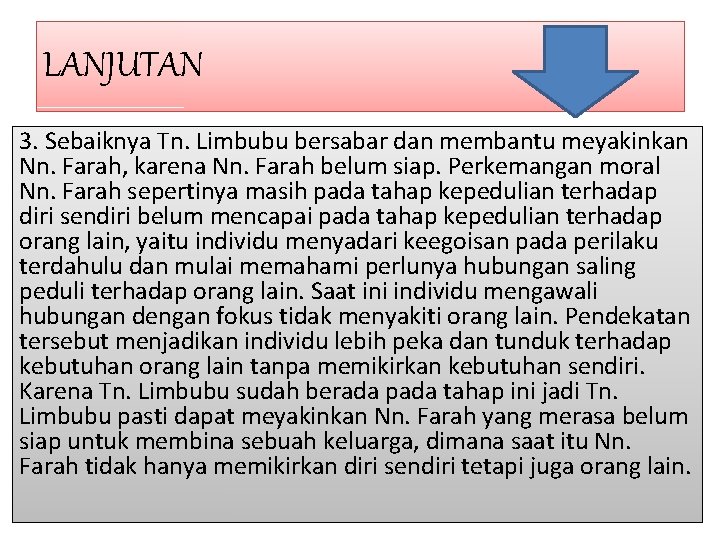 LANJUTAN 3. Sebaiknya Tn. Limbubu bersabar dan membantu meyakinkan Nn. Farah, karena Nn. Farah