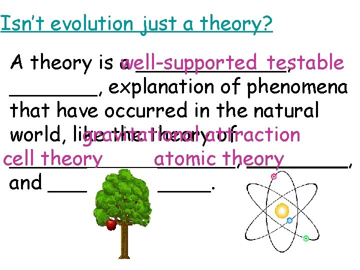 Isn’t evolution just a theory? well-supported testable A theory is a ______, _______, explanation