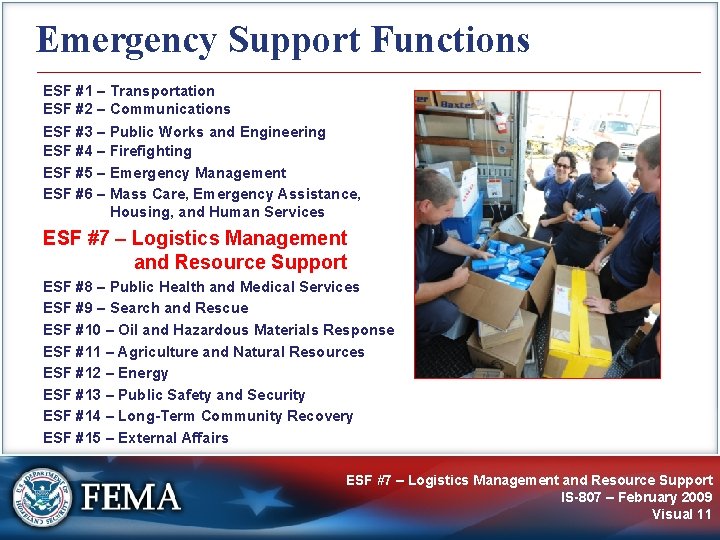 Emergency Support Functions ESF #1 – Transportation ESF #2 – Communications ESF #3 –