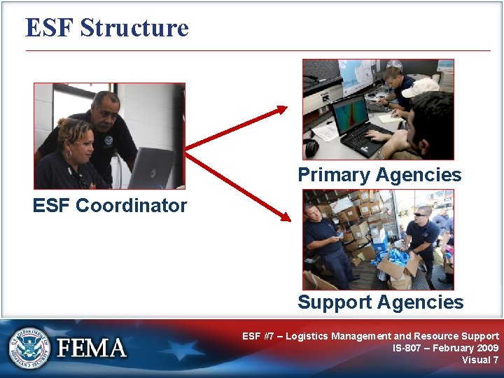 ESF Structure Primary Agencies ESF Coordinator Support Agencies ESF #7 – Logistics Management and