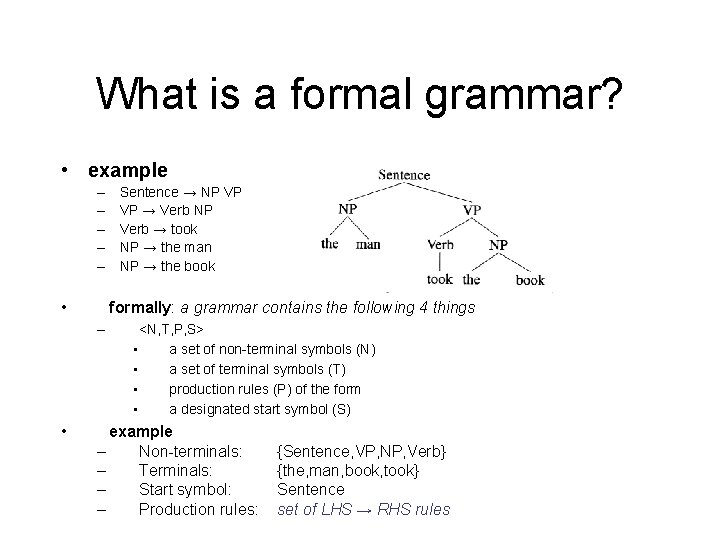What is a formal grammar? • example – – – • formally: a grammar