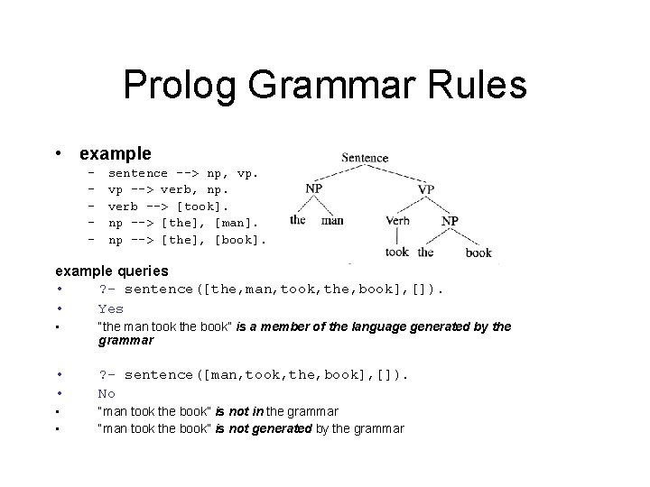 Prolog Grammar Rules • example – – – sentence --> np, vp. vp -->