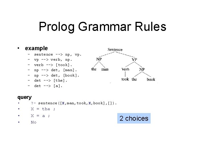 Prolog Grammar Rules • example – – – – sentence --> np, vp. vp