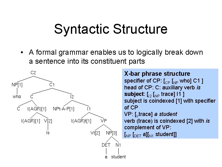 Syntactic Structure • A formal grammar enables us to logically break down a sentence