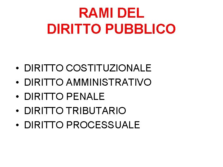 RAMI DEL DIRITTO PUBBLICO • • • DIRITTO COSTITUZIONALE DIRITTO AMMINISTRATIVO DIRITTO PENALE DIRITTO