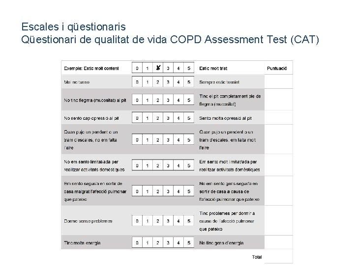 Escales i qüestionaris Qüestionari de qualitat de vida COPD Assessment Test (CAT) 