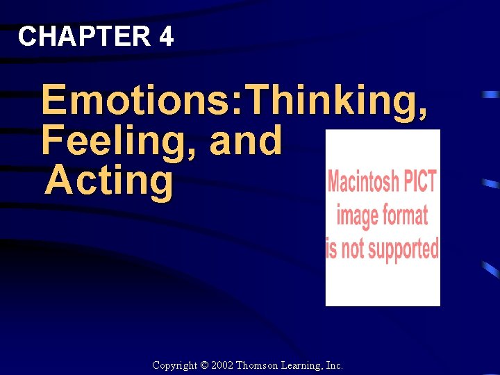 CHAPTER 4 Emotions: Thinking, Feeling, and Acting Copyright © 2002 Thomson Learning, Inc. 