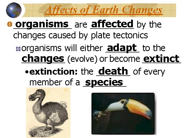 Affects of Earth Changes organisms are _____ affected by the ______ changes caused by