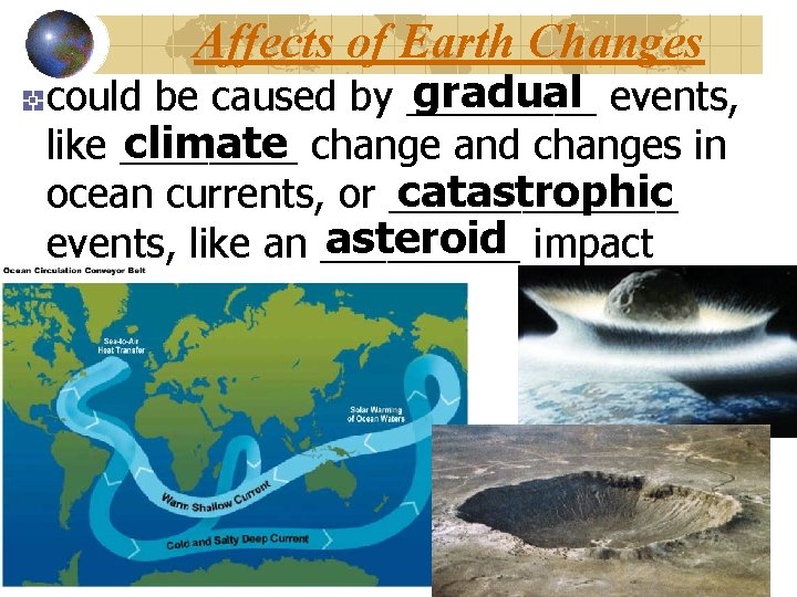 Affects of Earth Changes gradual events, could be caused by _____ climate change and