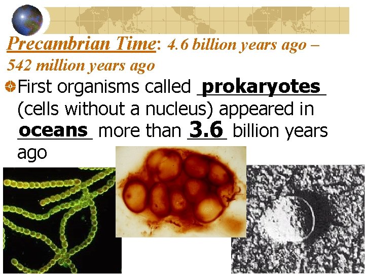 Precambrian Time: 4. 6 billion years ago – 542 million years ago prokaryotes First