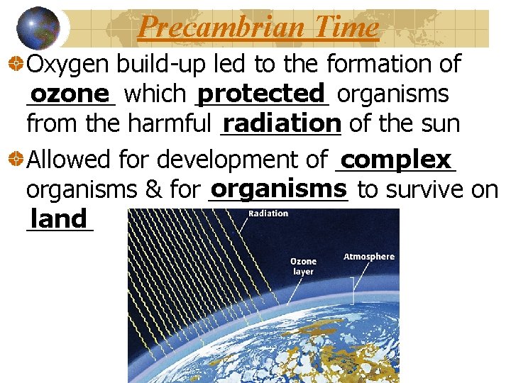 Precambrian Time Oxygen build-up led to the formation of protected organisms ozone which _______