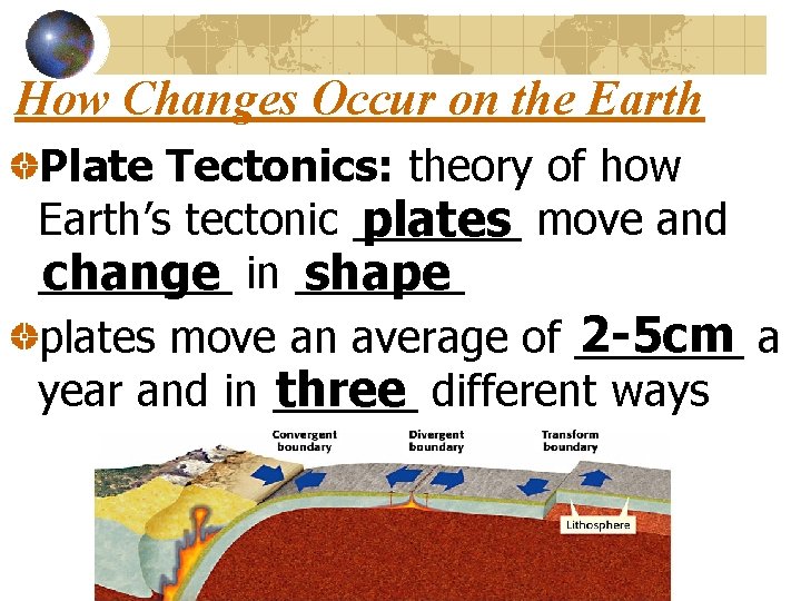 How Changes Occur on the Earth Plate Tectonics: theory of how Earth’s tectonic _______