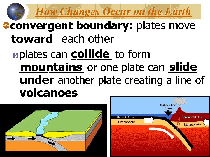 How Changes Occur on the Earth convergent boundary: plates move ____ toward each other