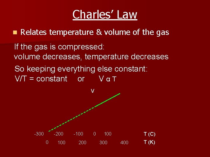 Charles’ Law n Relates temperature & volume of the gas If the gas is