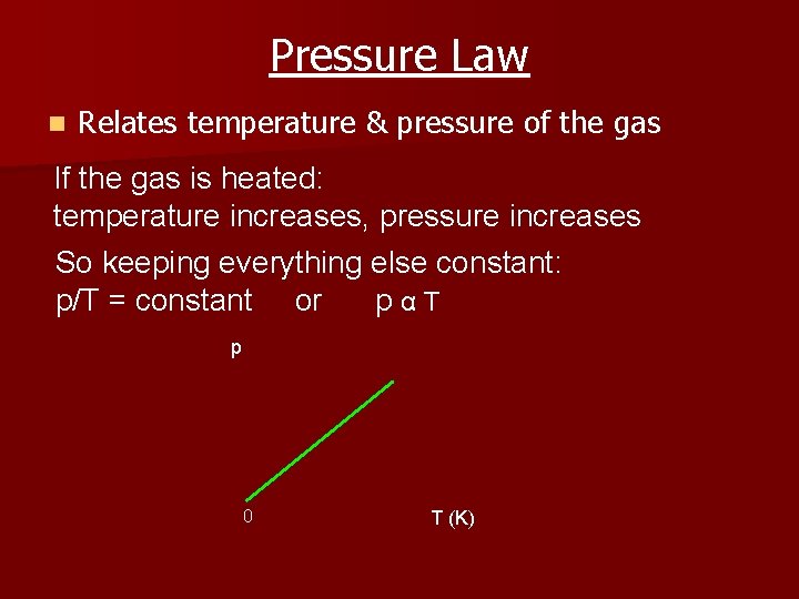 Pressure Law n Relates temperature & pressure of the gas If the gas is