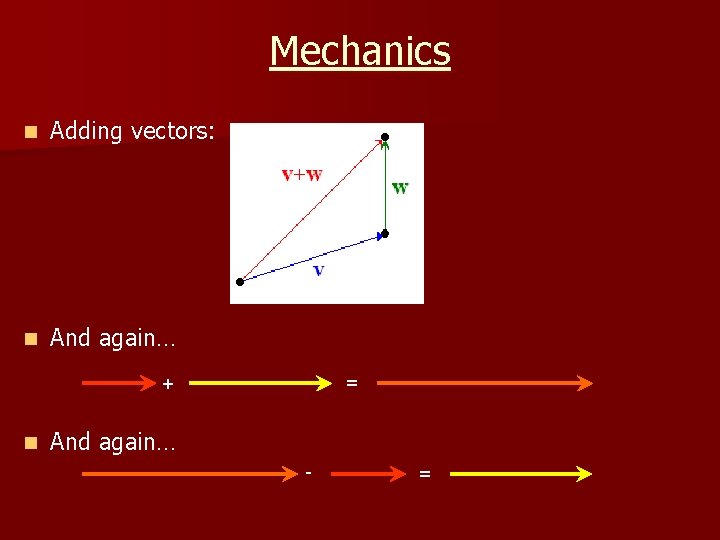 Mechanics n Adding vectors: n And again… = + n And again… - =