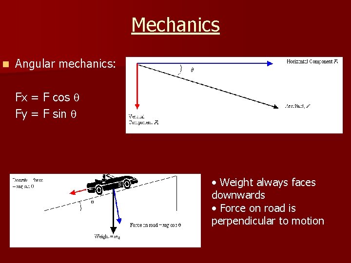 Mechanics n Angular mechanics: Fx = F cos Fy = F sin • Weight