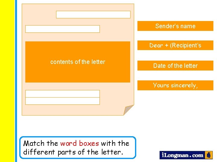 Sender’s name Dear + (Recipient’s name), contents of the letter Date of the letter Sender’s name Dear + (Recipient’s name), contents of the letter Date of the letter