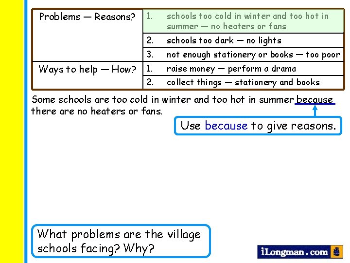 Problems — Reasons? Ways to help — How? 1. schools too cold in winter Problems — Reasons? Ways to help — How? 1. schools too cold in winter