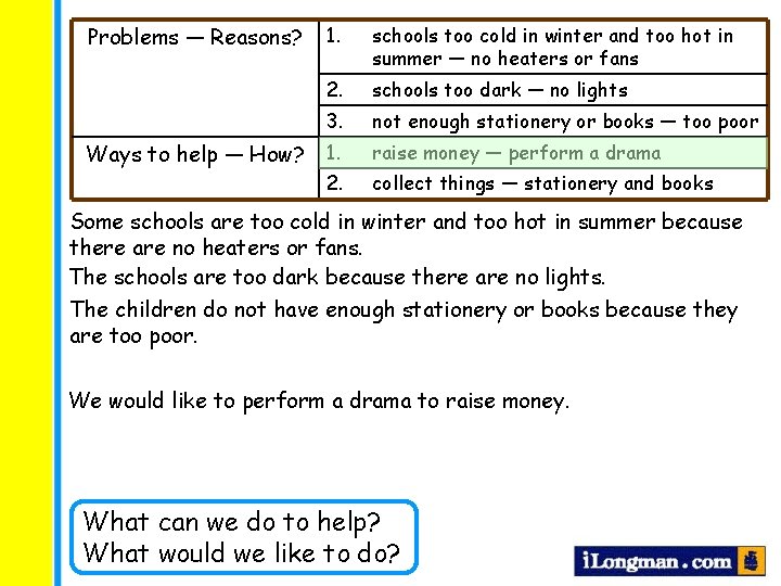Problems — Reasons? Ways to help — How? 1. schools too cold in winter Problems — Reasons? Ways to help — How? 1. schools too cold in winter