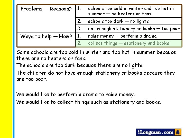 Problems — Reasons? Ways to help — How? 1. schools too cold in winter Problems — Reasons? Ways to help — How? 1. schools too cold in winter