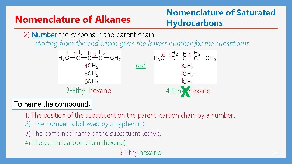 Nomenclature of Saturated Hydrocarbons Nomenclature of Alkanes 2) Number the carbons in the parent