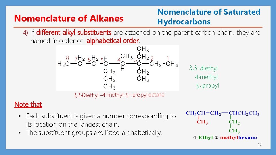 Nomenclature of Saturated Hydrocarbons Nomenclature of Alkanes 4) If different alkyl substituents are attached