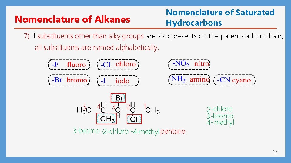 Nomenclature of Saturated Hydrocarbons Nomenclature of Alkanes 7) If substituents other than alky groups