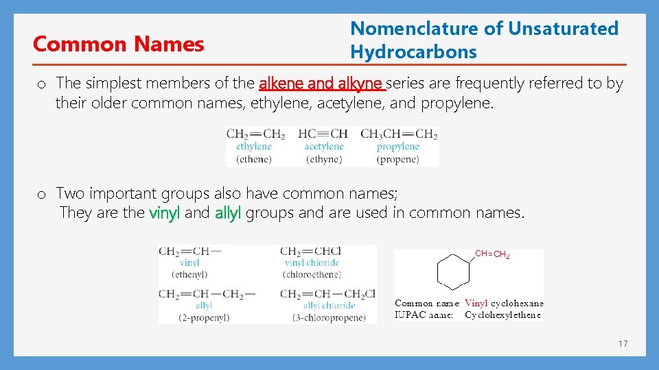 Common Names Nomenclature of Unsaturated Hydrocarbons o The simplest members of the alkene and