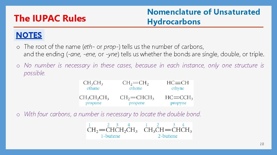 The IUPAC Rules Nomenclature of Unsaturated Hydrocarbons NOTES o The root of the name