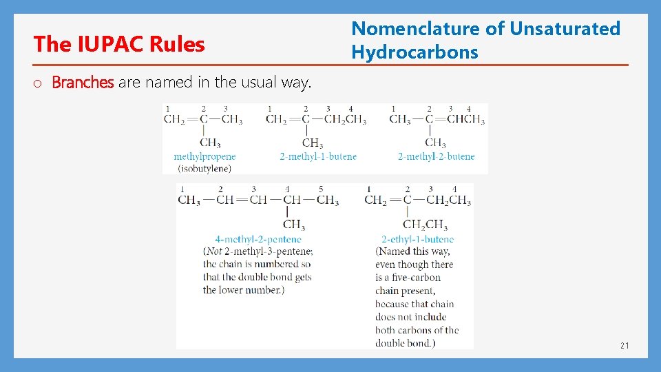 The IUPAC Rules Nomenclature of Unsaturated Hydrocarbons o Branches are named in the usual