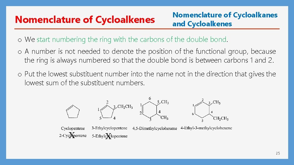 Nomenclature of Cycloalkenes Nomenclature of Cycloalkanes and Cycloalkenes o We start numbering the ring