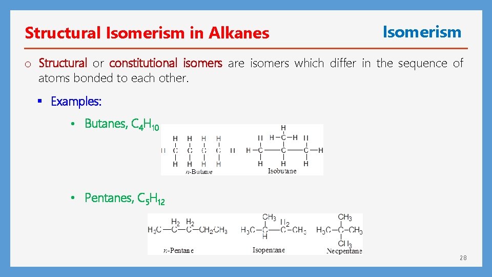 Structural Isomerism in Alkanes Isomerism o Structural or constitutional isomers are isomers which differ