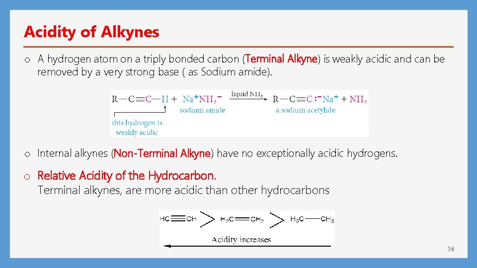 Acidity of Alkynes o A hydrogen atom on a triply bonded carbon (Terminal Alkyne)