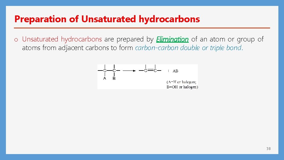 Preparation of Unsaturated hydrocarbons o Unsaturated hydrocarbons are prepared by Elimination of an atom