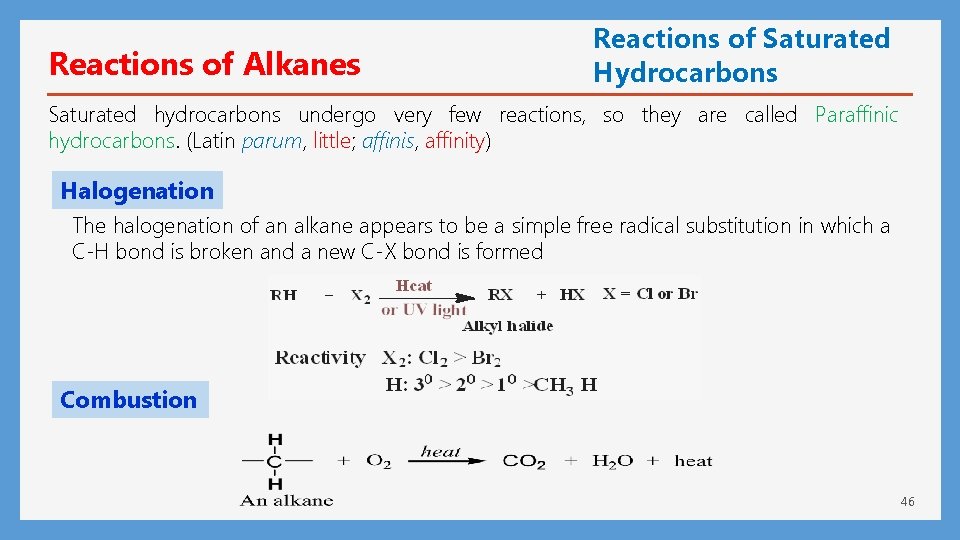 Reactions of Alkanes Reactions of Saturated Hydrocarbons Saturated hydrocarbons undergo very few reactions, so