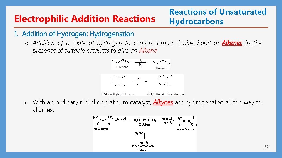 Electrophilic Addition Reactions of Unsaturated Hydrocarbons 1. Addition of Hydrogen: Hydrogenation o Addition of