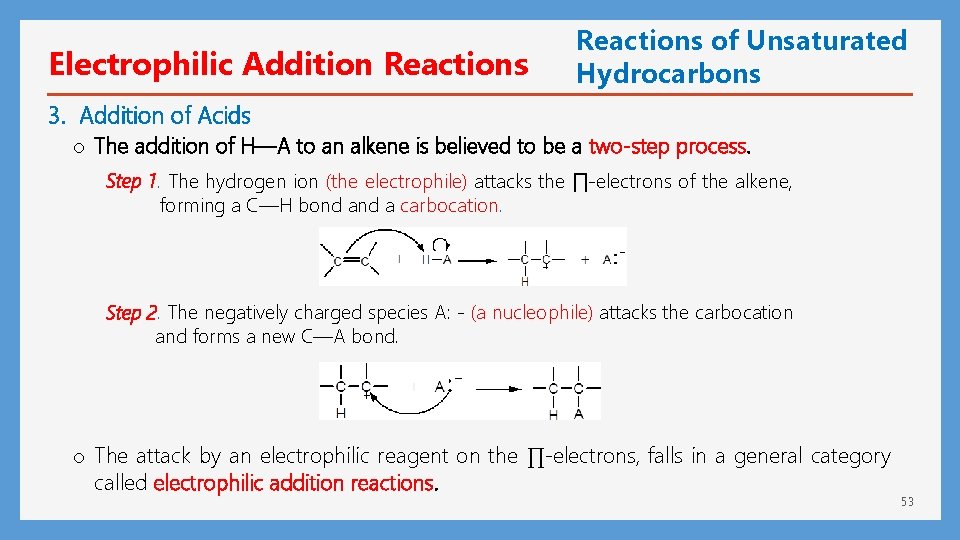 Electrophilic Addition Reactions of Unsaturated Hydrocarbons 3. Addition of Acids o The addition of