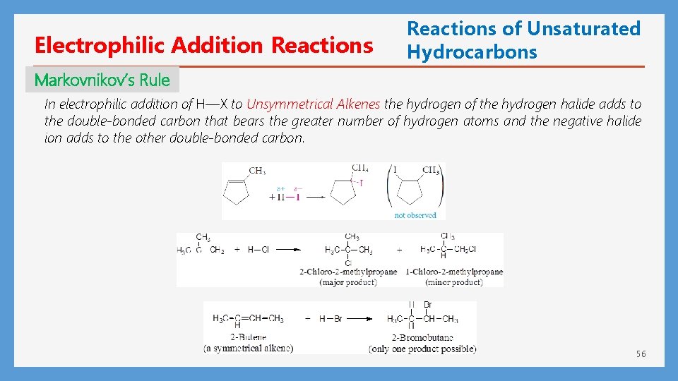 Electrophilic Addition Reactions of Unsaturated Hydrocarbons Markovnikov’s Rule In electrophilic addition of H—X to
