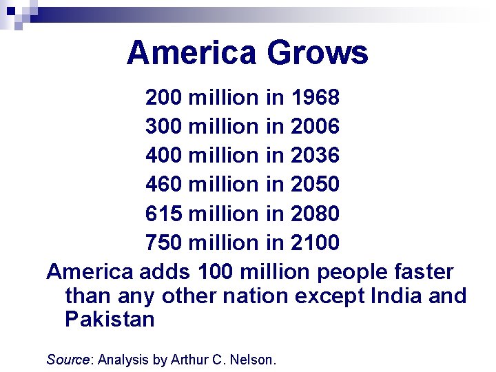 America Grows 200 million in 1968 300 million in 2006 400 million in 2036