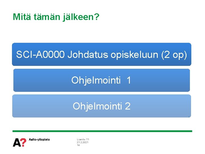 Mitä tämän jälkeen? SCI-A 0000 Johdatus opiskeluun (2 op) Ohjelmointi 1 Ohjelmointi 2 Luento