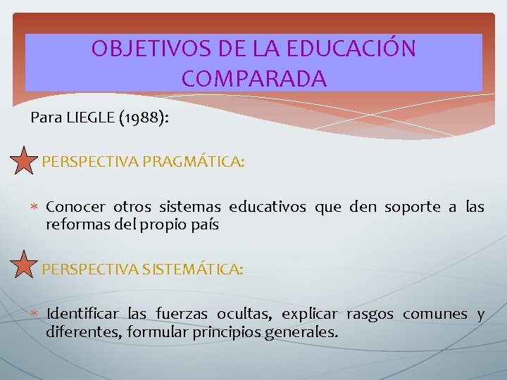 OBJETIVOS DE LA EDUCACIÓN COMPARADA Para LIEGLE (1988): PERSPECTIVA PRAGMÁTICA: Conocer otros sistemas educativos OBJETIVOS DE LA EDUCACIÓN COMPARADA Para LIEGLE (1988): PERSPECTIVA PRAGMÁTICA: Conocer otros sistemas educativos