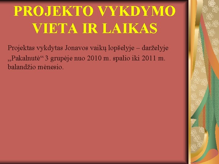 PROJEKTO VYKDYMO VIETA IR LAIKAS Projektas vykdytas Jonavos vaikų lopšelyje – darželyje , ,