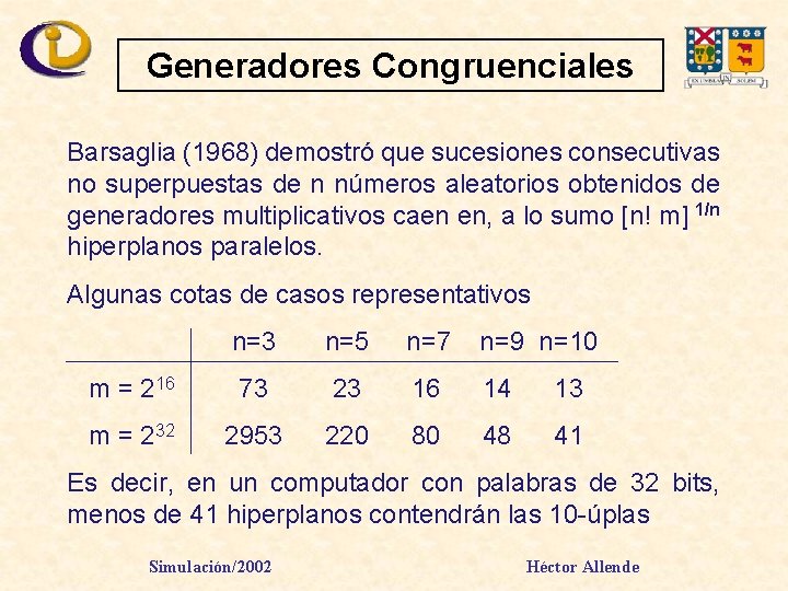 Generadores Congruenciales Barsaglia (1968) demostró que sucesiones consecutivas no superpuestas de n números aleatorios