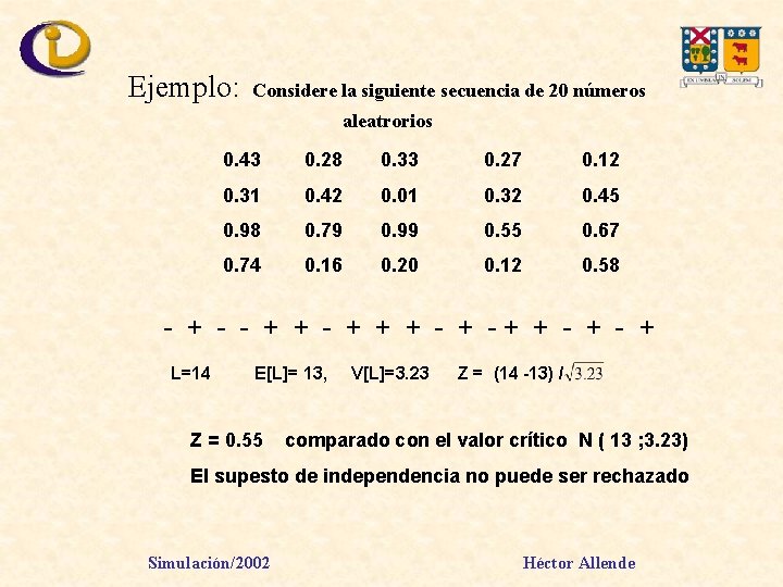 Ejemplo: Considere la siguiente secuencia de 20 números aleatrorios 0. 43 0. 28 0.